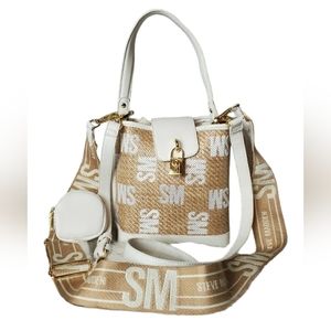STEVE MADDEN white straw bdavide bucket crossbody bag